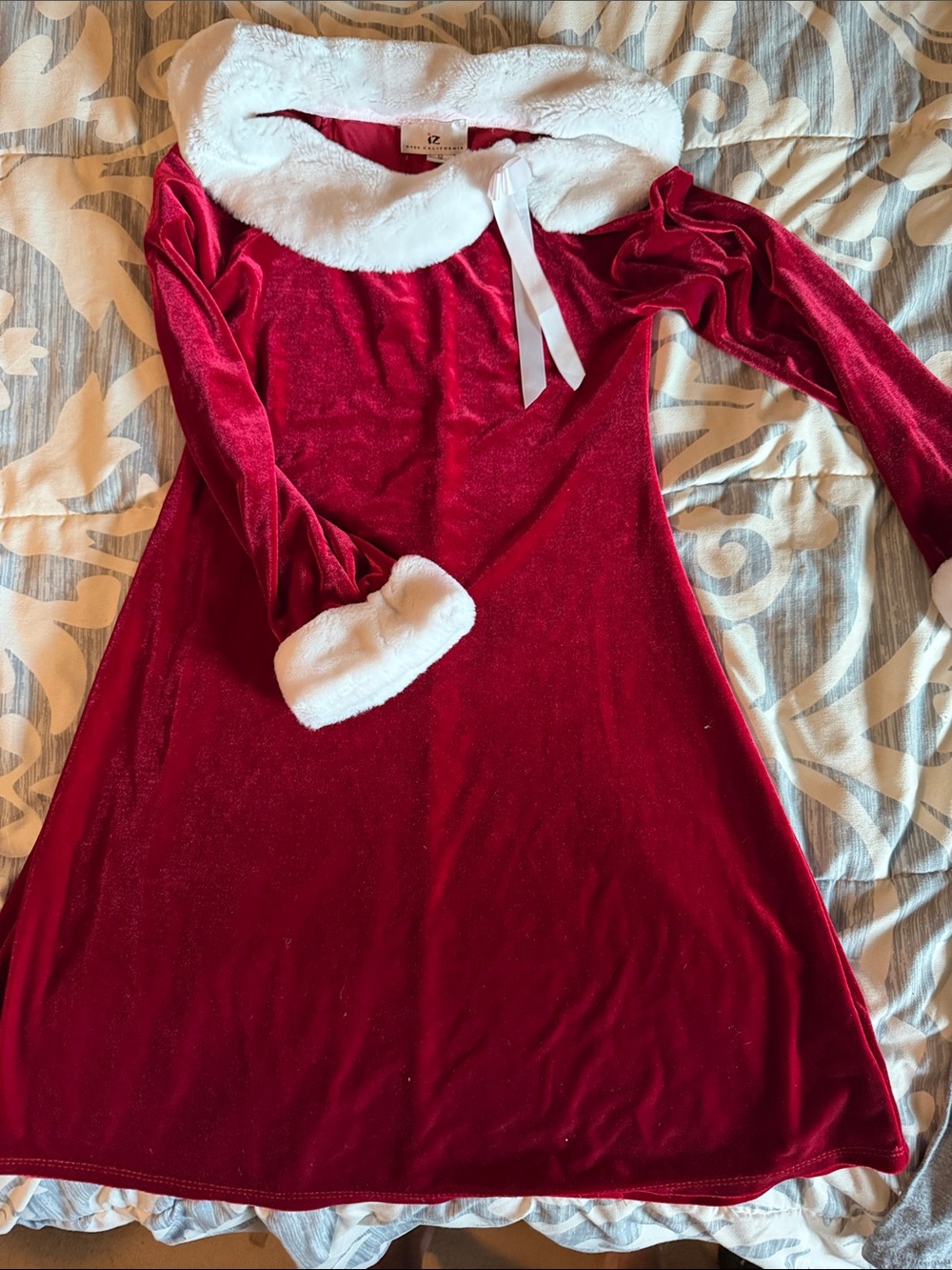 Girls Red Velvety Holiday dress with White Faux-Fur Trim
